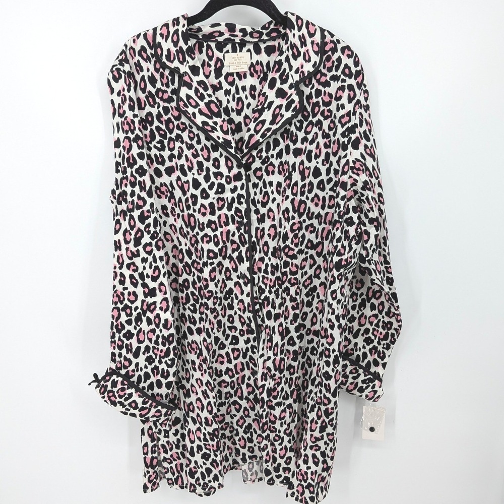Kate Spade Nightshirt Women XL Pink Leopard Print Cotton Bow Cuff Coquette NWT